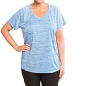 RBX Active Women’s Plus Raglan V-Neck Top, Heather Blue/White+ Green Stitch NWT